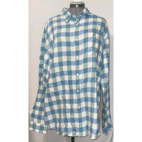 LL Bean Shirt Men Large 100% Linen Windowpane Plaid Button Down Blue - Picture 1 of 11